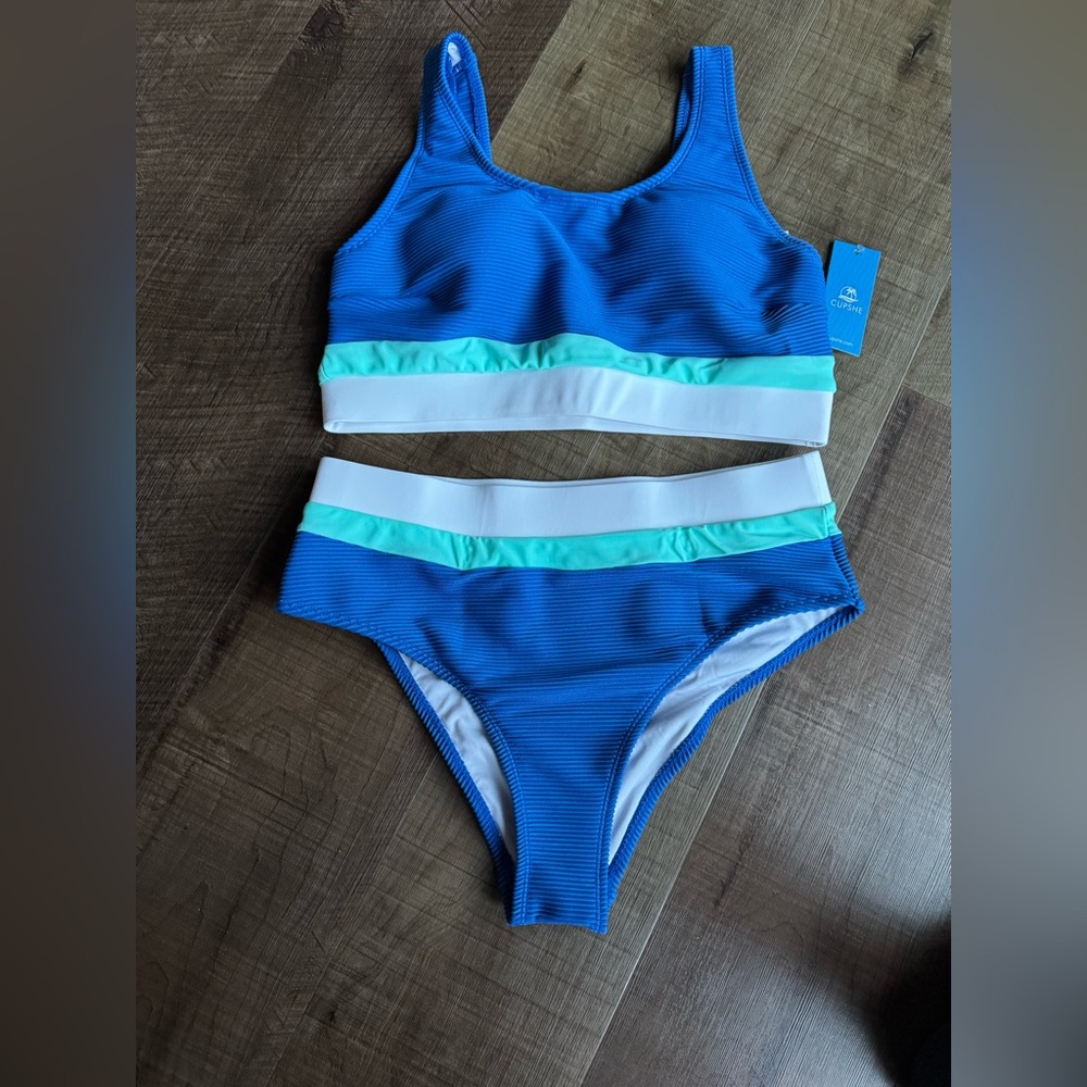 Cupshe Sunny Blue Colorblock Bralette & Banded High Waist Bikini Set - Size M